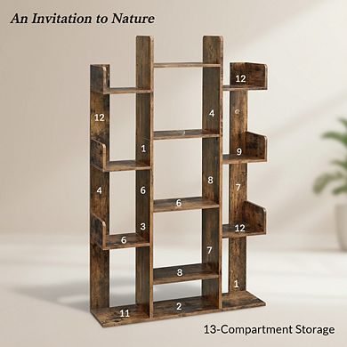ZUQIETA Tree-Shaped Bookcase with 13 Shelves, 55.1" H Rustic Brown Storage Unit with Rounded Corners