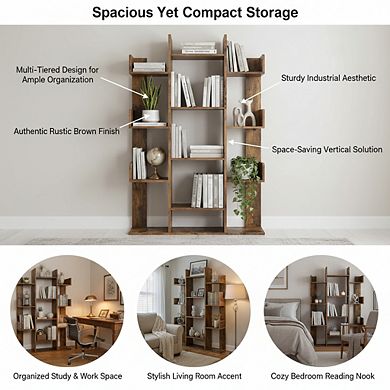 ZUQIETA Tree-Shaped Bookcase with 13 Shelves, 55.1" H Rustic Brown Storage Unit with Rounded Corners