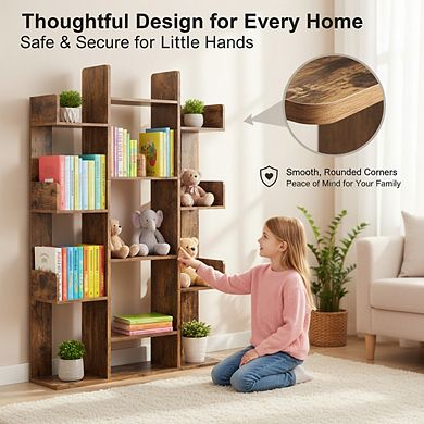 ZUQIETA Tree-Shaped Bookcase with 13 Shelves, 55.1" H Rustic Brown Storage Unit with Rounded Corners