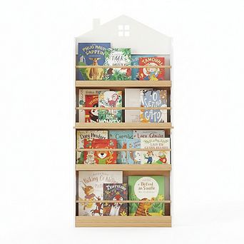 ZUQIETA Kids Wall Mounted Bookcase, 4 tier Wooden Shelf Organizer for Nursery, Bedroom Kids Room