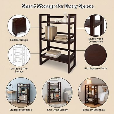 ZUQIETA 3-Shelf Folding Student Bookcase, Compact 20.75" Wide, Espresso Finish
