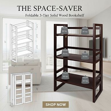 ZUQIETA 3-Shelf Folding Student Bookcase, Compact 20.75" Wide, Espresso Finish