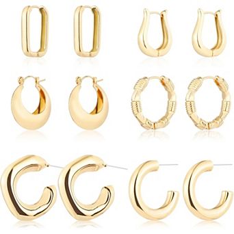 ZUQIETA 6-Pair Gold Hoop Set - 14K Plated Chunky, Twisted & Huggie Styles, Lightweight