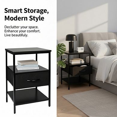 ZUQIETA Black Nightstand with Fabric Drawer & Wood Shelf, Waterproof Eco-Friendly Bedside Table