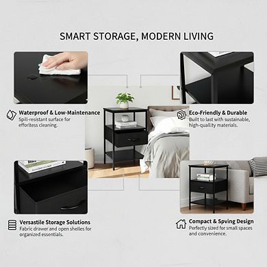 ZUQIETA Black Nightstand with Fabric Drawer & Wood Shelf, Waterproof Eco-Friendly Bedside Table