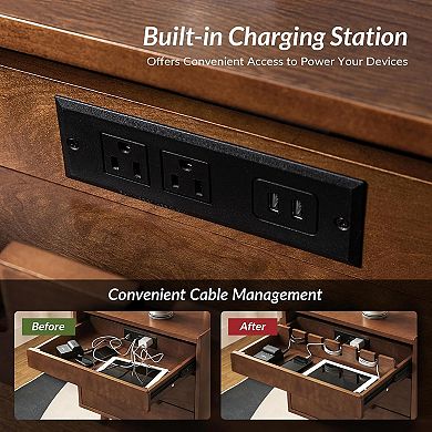 ZUQIETA Mid-Century End Table with 2 Drawers, Pull-Out Shelf & Charging Station, Walnut