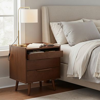 ZUQIETA Mid-Century End Table with 2 Drawers, Pull-Out Shelf & Charging Station, Walnut