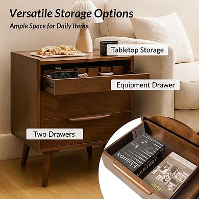 ZUQIETA Mid-Century End Table with 2 Drawers, Pull-Out Shelf & Charging Station, Walnut