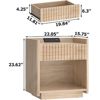 ZUQIETA 22" Fluted Nightstand with Drawer & Charging Station, Mid-Century Modern Light Wood