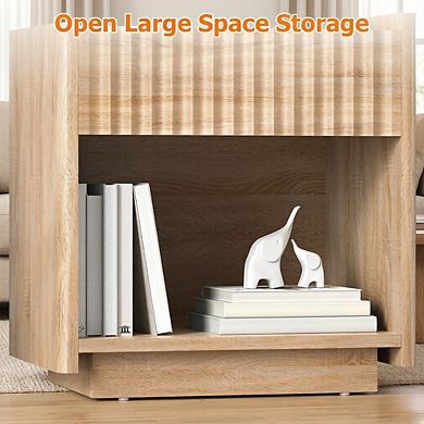 ZUQIETA 22" Fluted Nightstand with Drawer & Charging Station, Mid-Century Modern Light Wood