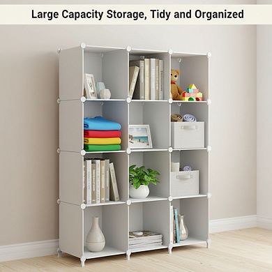 ZUQIETA 12-Cube DIY Stackable Storage Organizer, White Plastic Bookshelf for Closet, Bedroom & Home