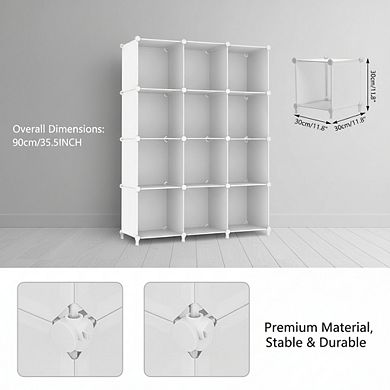 ZUQIETA 12-Cube DIY Stackable Storage Organizer, White Plastic Bookshelf for Closet, Bedroom & Home