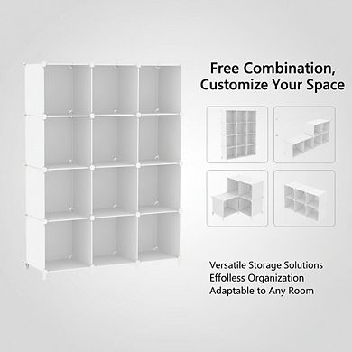 ZUQIETA 12-Cube DIY Stackable Storage Organizer, White Plastic Bookshelf for Closet, Bedroom & Home