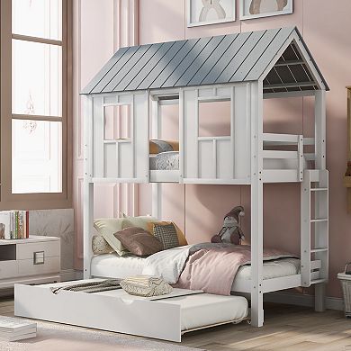 Merax Twin Size House Bunk Bed with Trundle, Roof and Windows