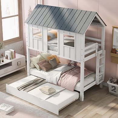 Merax Twin Size House Bunk Bed with Trundle, Roof and Windows