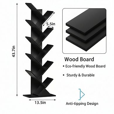 ZUQIETA 10-Tier Tree Bookcase, Floor Standing Narrow Storage Shelf for Books & CDs, Home Office