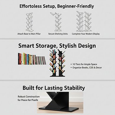 ZUQIETA 10-Tier Tree Bookcase, Floor Standing Narrow Storage Shelf for Books & CDs, Home Office