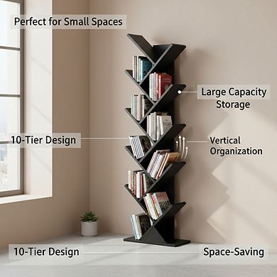 ZUQIETA 10-Tier Tree Bookcase, Floor Standing Narrow Storage Shelf for Books & CDs, Home Office