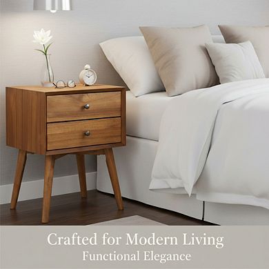 ZUQIETA Mid-Century Modern Nightstand with 2 Drawers, 23.5" Solid Wood Walnut Bedside Table