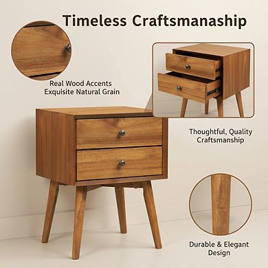 ZUQIETA Mid-Century Modern Nightstand with 2 Drawers, 23.5" Solid Wood Walnut Bedside Table