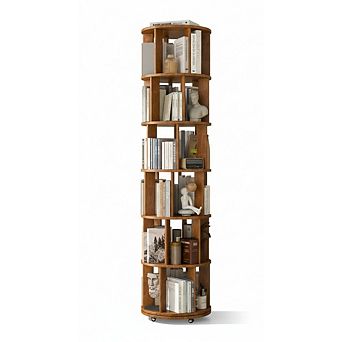 ZUQIETA 6 tier Rotating Bookshelf on Wheels, 360° Spinning Tower for Small Spaces & Kids Room