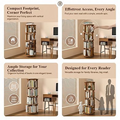 ZUQIETA 6-Tier Rotating Bookshelf on Wheels, 360° Spinning Tower for Small Spaces & Kids Room