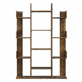 ZUQIETA Tree-Shaped Bookcase, 13-Shelf Storage Unit with Rounded Corners, 55.1" H Rustic Brown