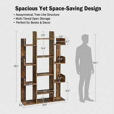ZUQIETA Tree-Shaped Bookcase, 13-Shelf Storage Unit with Rounded Corners, 55.1" H Rustic Brown