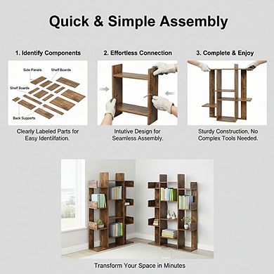 ZUQIETA Tree-Shaped Bookcase, 13-Shelf Storage Unit with Rounded Corners, 55.1" H Rustic Brown