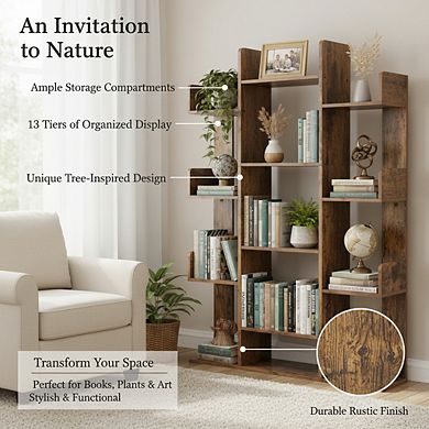 ZUQIETA Tree-Shaped Bookcase, 13-Shelf Storage Unit with Rounded Corners, 55.1" H Rustic Brown