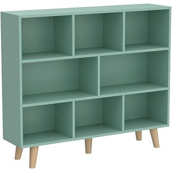 ZUQIETA 3 tier Wooden Open Bookcase, 8-Cube Display Cabinet with Legs, Tiffany Green