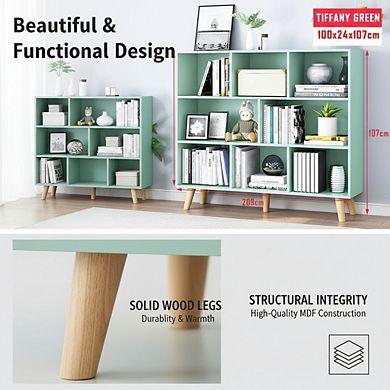 ZUQIETA 3-Tier Wooden Open Bookcase, 8-Cube Display Cabinet with Legs, Tiffany Green