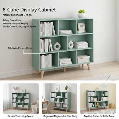 ZUQIETA 3-Tier Wooden Open Bookcase, 8-Cube Display Cabinet with Legs, Tiffany Green