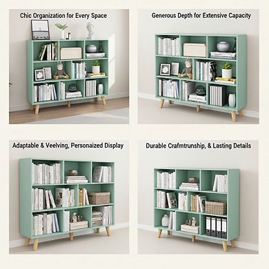 ZUQIETA 3-Tier Wooden Open Bookcase, 8-Cube Display Cabinet with Legs, Tiffany Green
