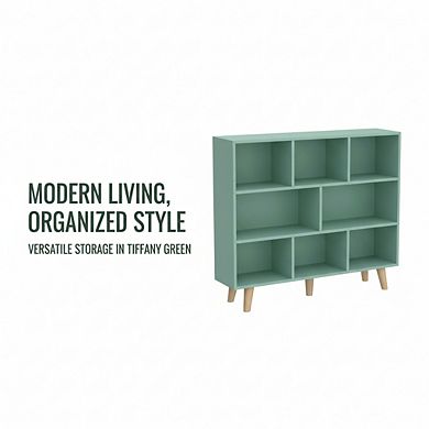 ZUQIETA 3-Tier Wooden Open Bookcase, 8-Cube Display Cabinet with Legs, Tiffany Green
