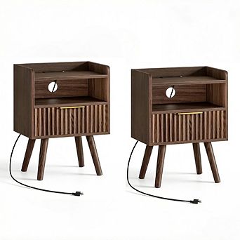 ZUQIETA Fluted Nightstand Set of 2 with Charging Station & Drawer, Walnut color