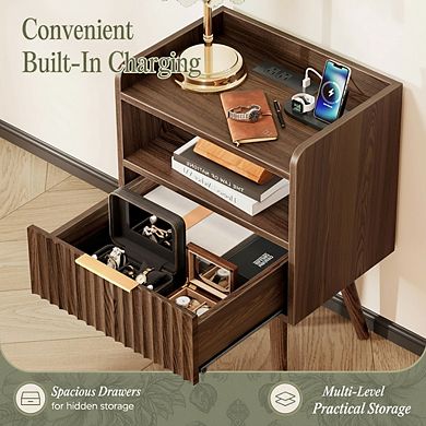 ZUQIETA Fluted Nightstand Set of 2 with Charging Station & Drawer, Walnut color