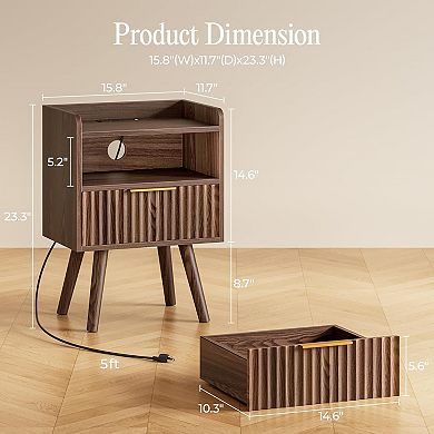 ZUQIETA Fluted Nightstand Set of 2 with Charging Station & Drawer, Walnut color