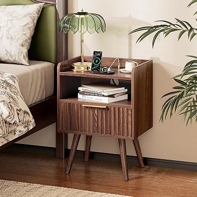 ZUQIETA Fluted Nightstand Set of 2 with Charging Station & Drawer, Walnut color
