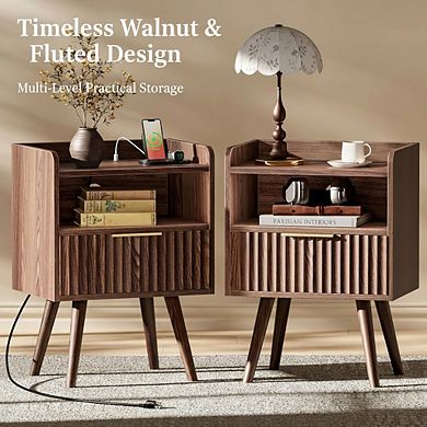 ZUQIETA Fluted Nightstand Set of 2 with Charging Station & Drawer, Walnut color