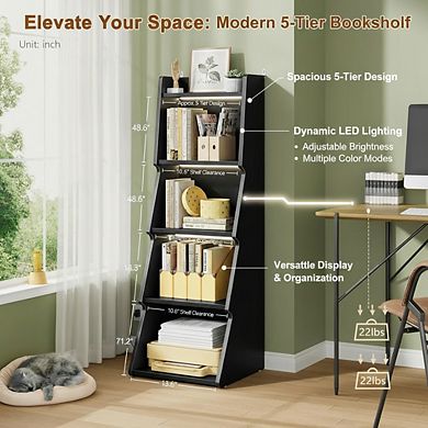 ZUQIETA 5-Tier Open Bookcase with LED Light, Floor Standing Display Shelf for Home Office