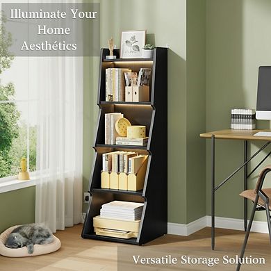 ZUQIETA 5-Tier Open Bookcase with LED Light, Floor Standing Display Shelf for Home Office