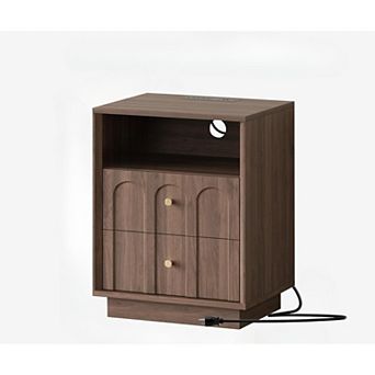 ZUQIETA Mid-Century Modern Nightstand with Charging Station & Arched Design, Walnut End Table