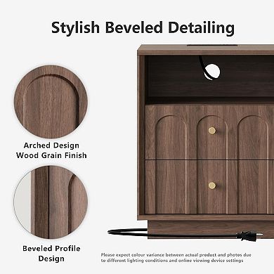 ZUQIETA Mid-Century Modern Nightstand with Charging Station & Arched Design, Walnut End Table