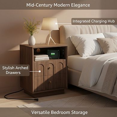 ZUQIETA Mid-Century Modern Nightstand with Charging Station & Arched Design, Walnut End Table