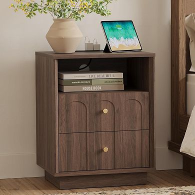 ZUQIETA Mid-Century Modern Nightstand with Charging Station & Arched Design, Walnut End Table