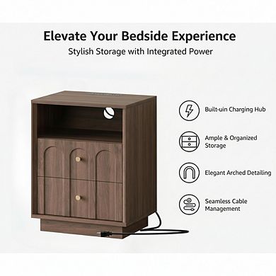 ZUQIETA Mid-Century Modern Nightstand with Charging Station & Arched Design, Walnut End Table