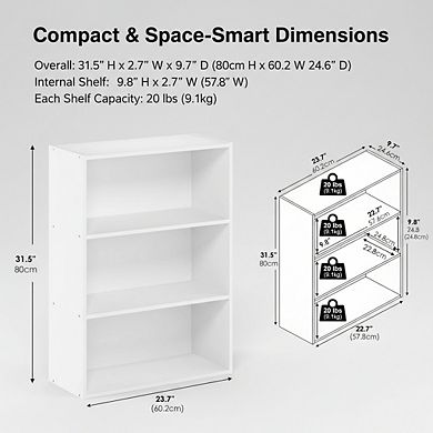 ZUQIETA 3-Tier Bookshelf, 31.5" Storage Bookcase for Living Room, Bedroom & Home Office, Plain White