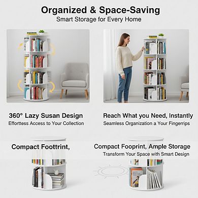 ZUQIETA 4-Tier Spinning Bookshelf Tower, 360° Lazy Susan Corner Carousel Organizer, White