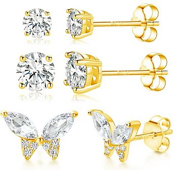 ZUQIETA Gold Plated Stud Earring Sets - Bee, Butterfly, Round & Square Designs